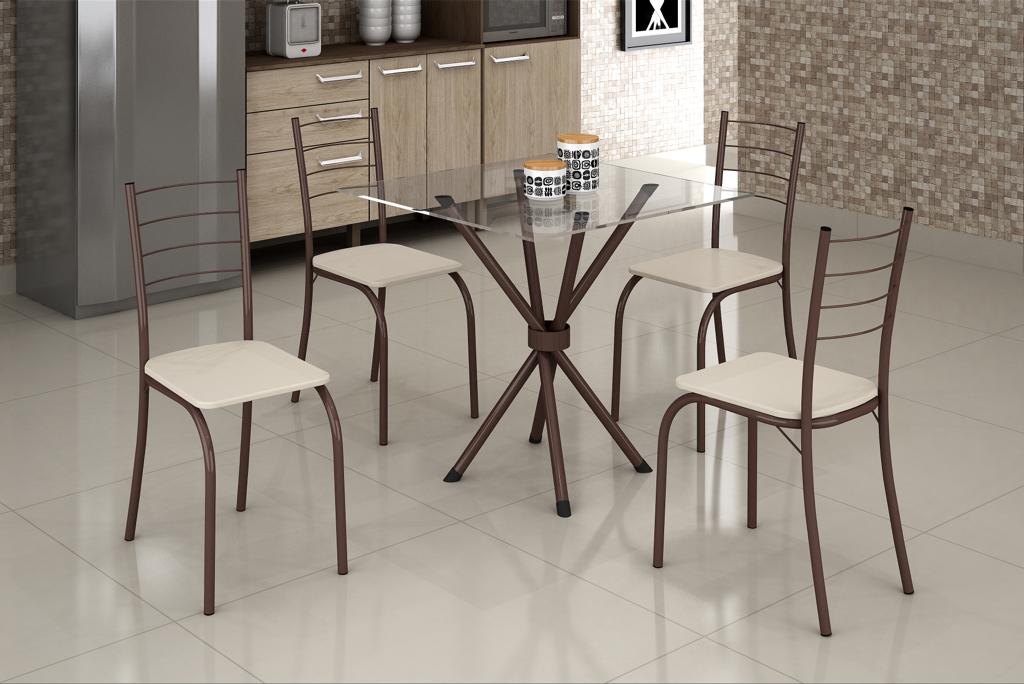 5744.163.12.7 Conjunto Mesa Rio 70×70 MarromTmp Vidro Quadrado com 4Cds Marrom.Creme Teixeira
