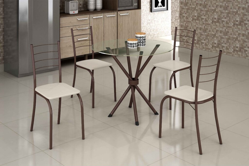 5744.Mesa Rio 75×75 Marrom Tmp Vidro Redondo com 4 Cds Marrom.Creme Teixeira