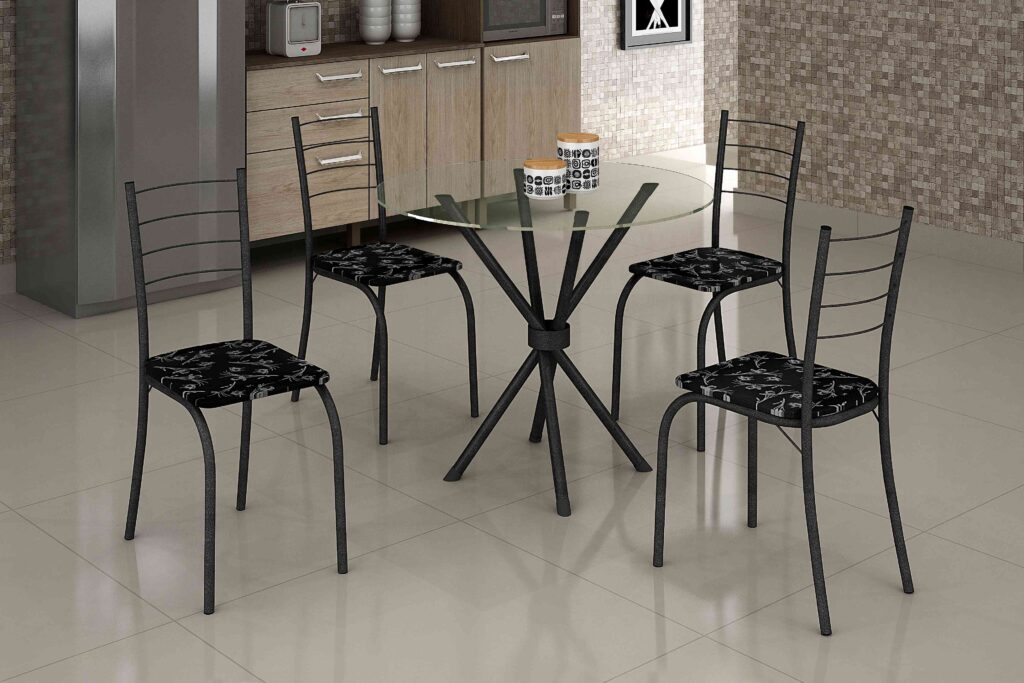 5744.27.7.92 Conjunto Mesa Rio 75×75 Martelado Tmp Vidro Redondo com 4 Cds Martelado.Lirio Preto Teixeira