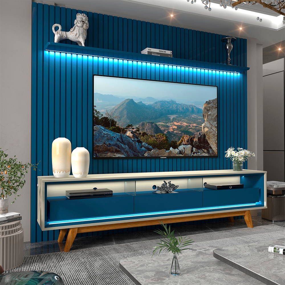 Conjunto Painel Nobre 230 Azul Royal e Rack Requinte 212 Pes Madeira Off White Azul Royal Gelius