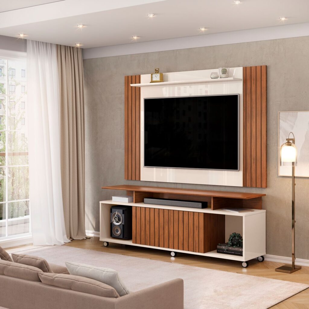 Combo Painel Extensivel Trend Freijo.Off White com Rack Tomy Freijo.Off White DJ Moveis