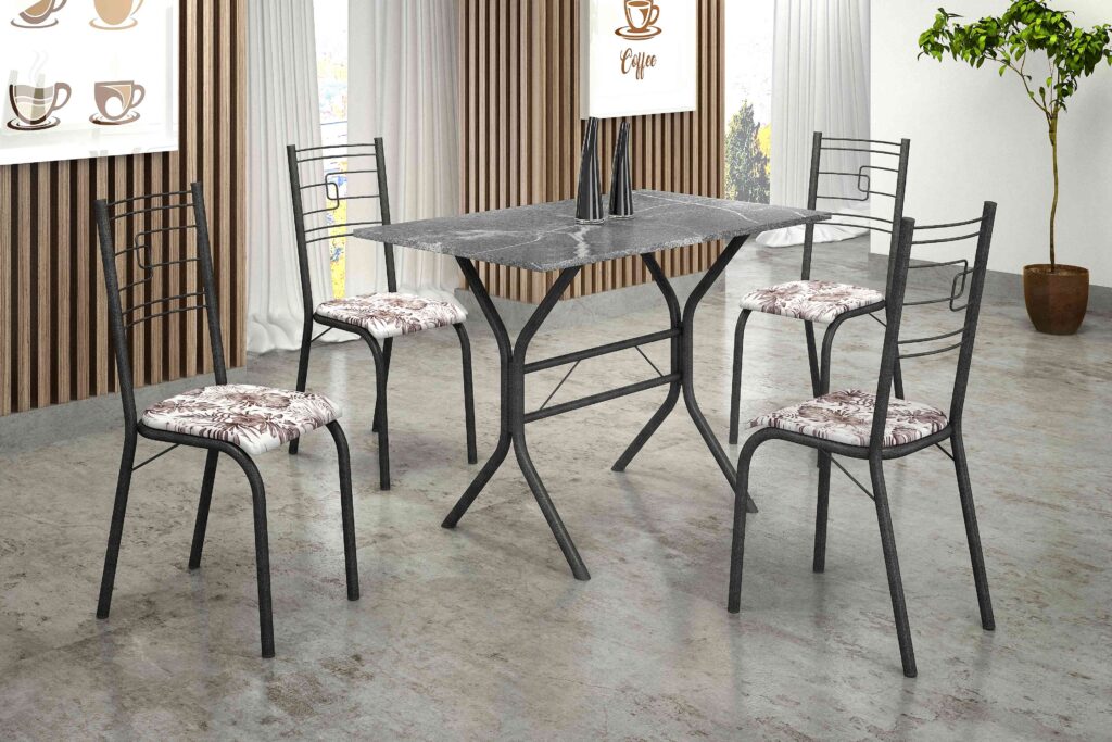 7311.171.7.62 Conjunto Mesa Paraty 120×75 Martelado Tmp Indiana Preto com 4 Cds Martelado.Primavera Preto Teixeira