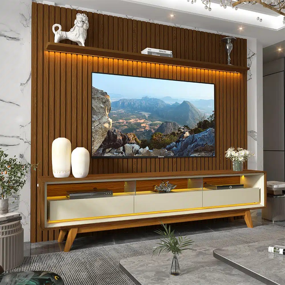 Conjunto Painel Nobre 230 Castanho e Rack Requinte 212 Pes Madeira Castanho.Off White Gelius