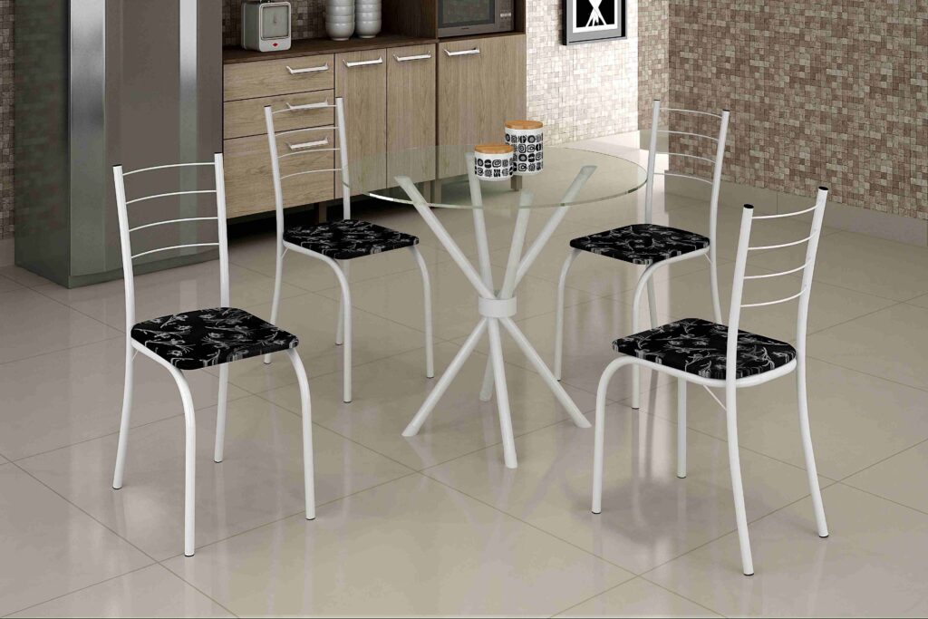 5744.Mesa Rio 75×75 Branco Tmp Vidro Redondo com 4 Cds Branco.Lirio Preto Teixeira