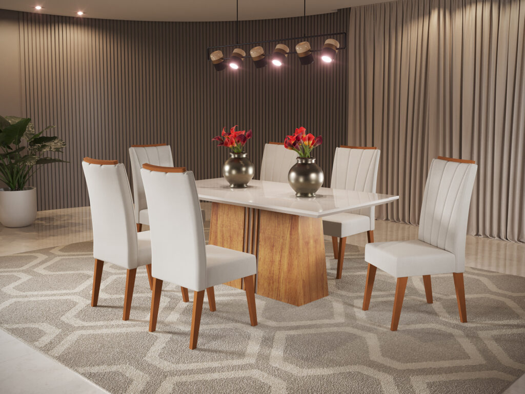 Sala Felice 170×90 com 6 Cadeiras Safira Mel Blonde.Off White Veludo Marfim Veiro