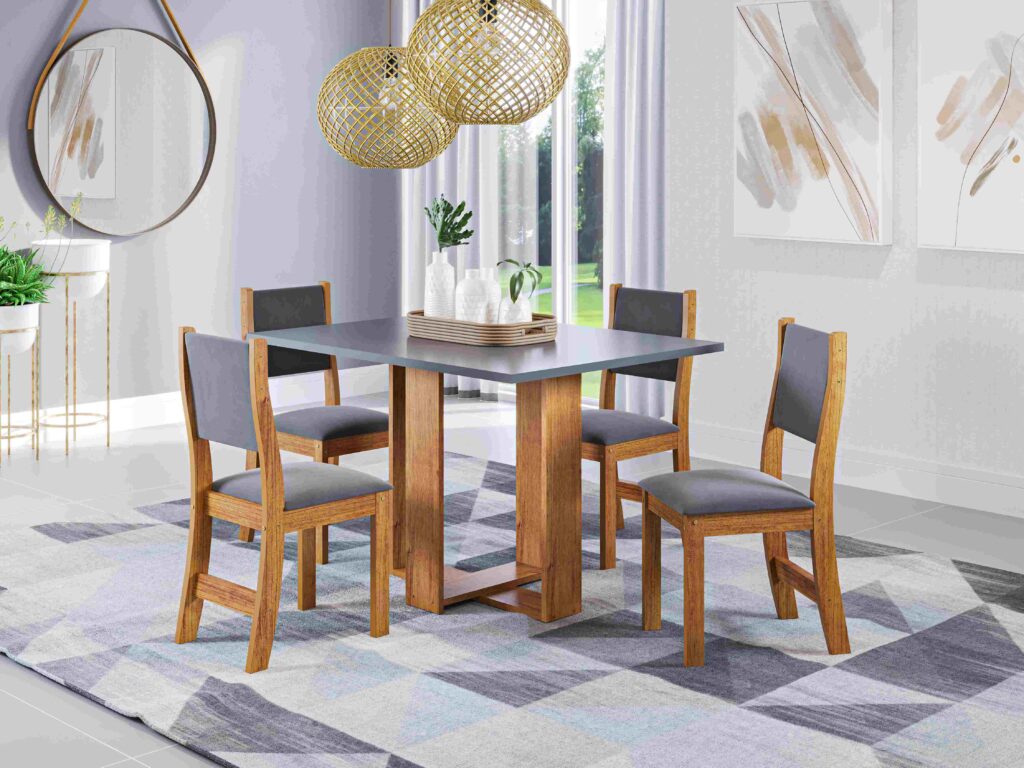 Sala Magic 120×80 Mel.Blonde com 4 Cadeiras Sol Mel.Cinza Veludo Grafite Viero