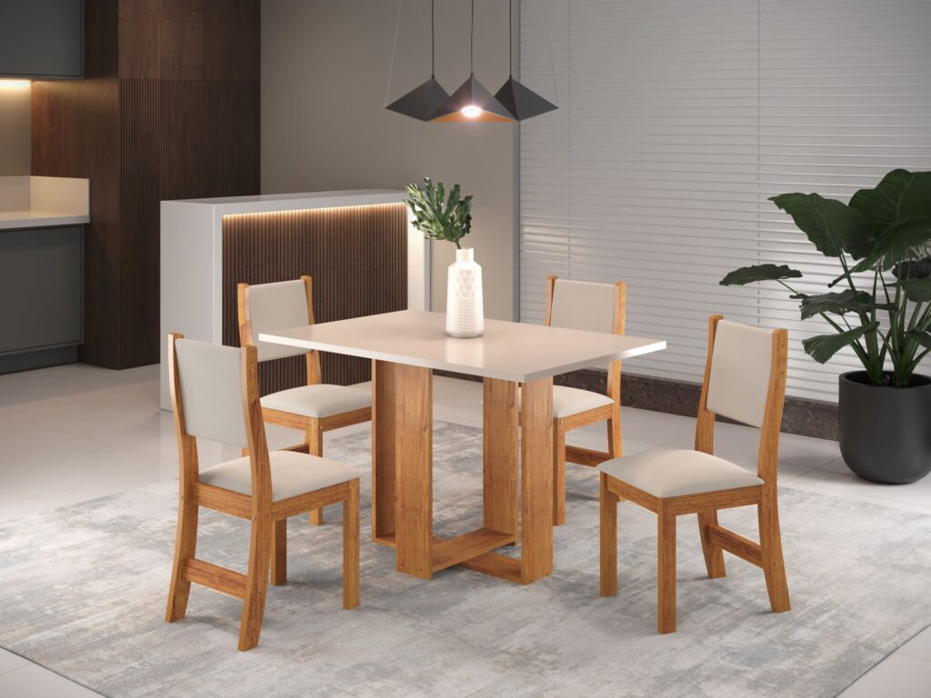 Sala Magic 120×80 Mel.Blonde com 4 Cadeiras Sol Mel.Blonde Veludo Marfim Viero