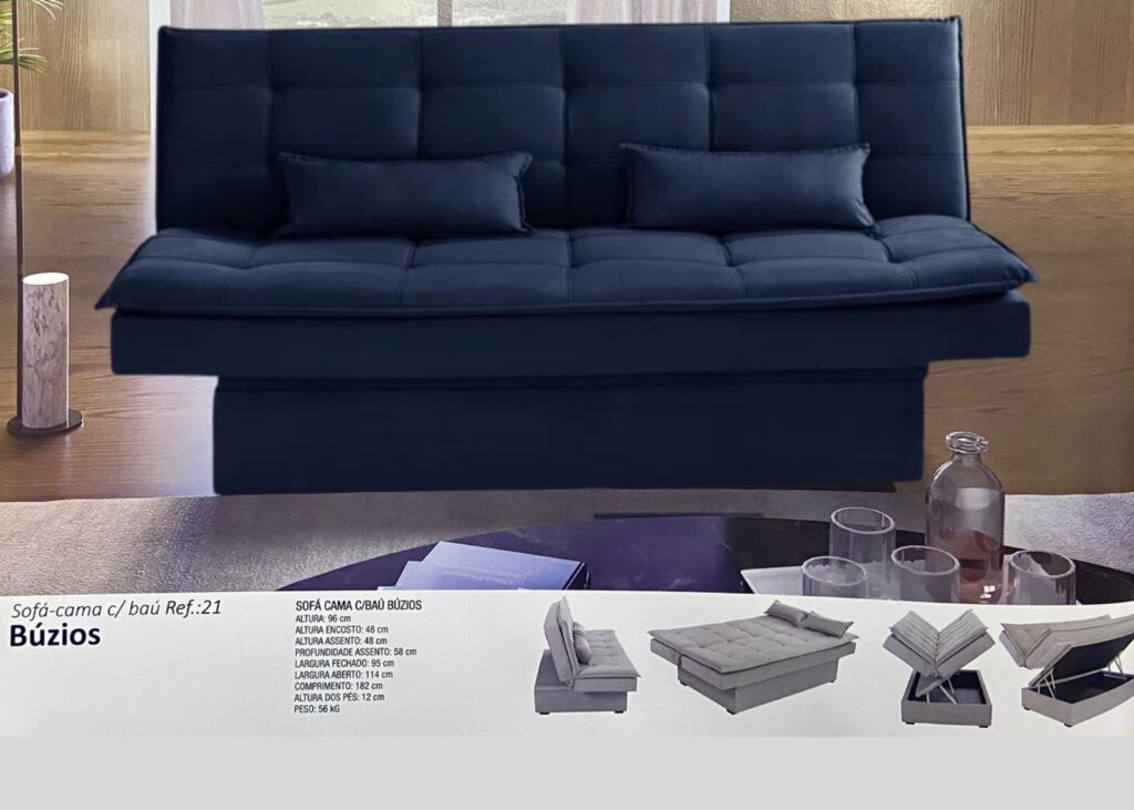Sofa Cama Buzios com Bau 3Lgs 2 Estagios Veludo Azul Marinho 2308B Luxury