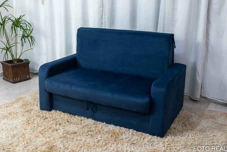 Sofa Cama com Bau Perola.Daiane Suede Azul 16 Diviminas