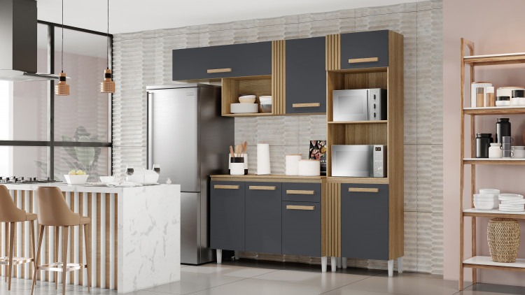 Cozinha Compacta Vitoria com Balcao Naiomi 7P1G Atacama.Grafite Aramoveis