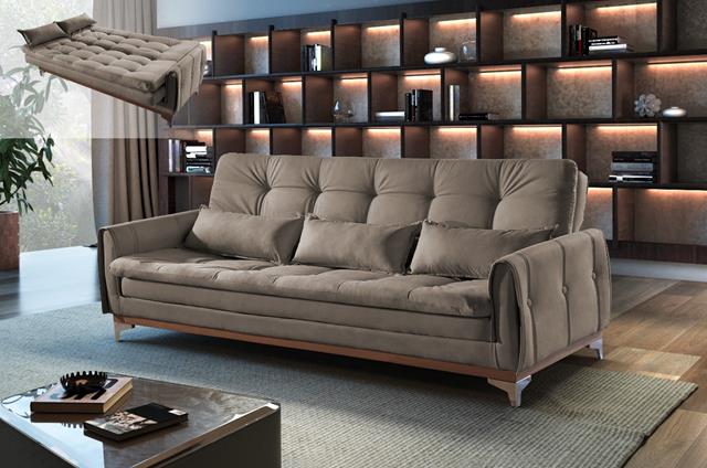 Sofa Cama Kairos 3Lgs 2 Estagios Veludo Suede Capuccino 2211A Luxury