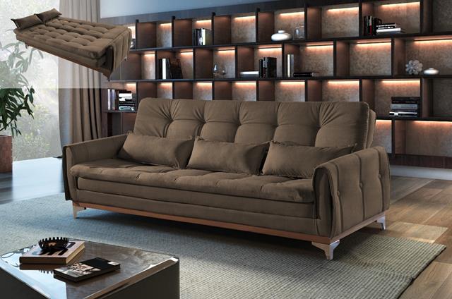 Sofa Cama Kairos 3Lgs 2 Estagios Veludo Suede Marrom 2263B Luxury