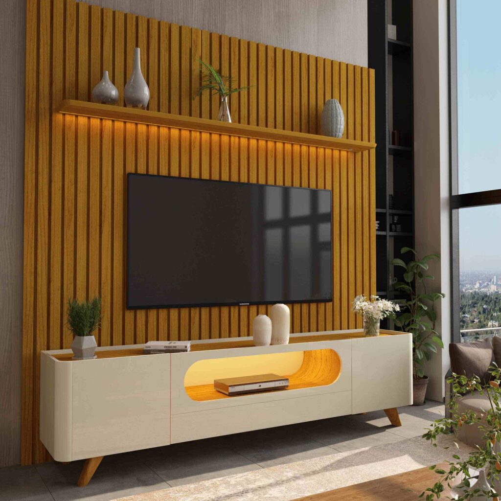 Conjunto Painel Nobre 230 Naturale com Rack Nobre 210 Off White.Naturale LED e Pes Madeira Gelius