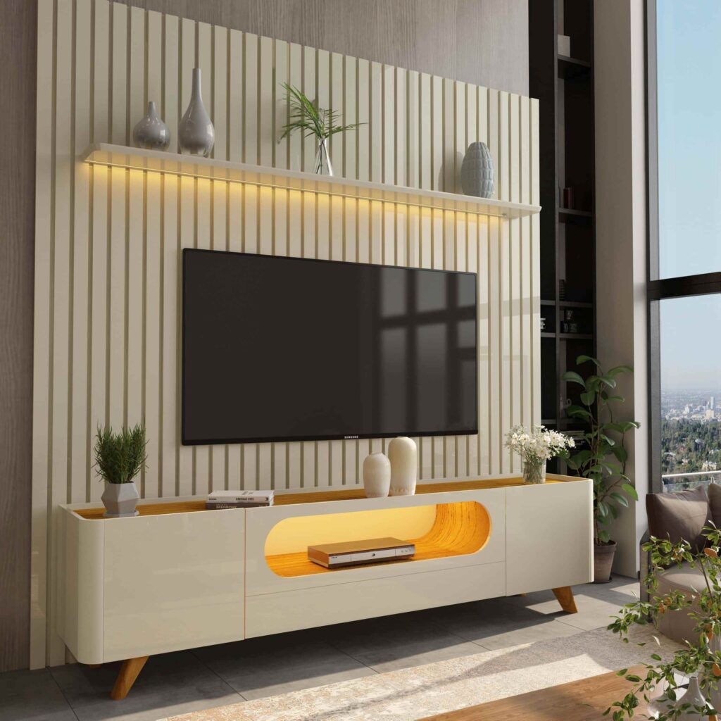 Conjunto Painel Nobre 230 Off White com Rack Nobre 210 Off White.Naturale LED e Pes Madeira Gelius