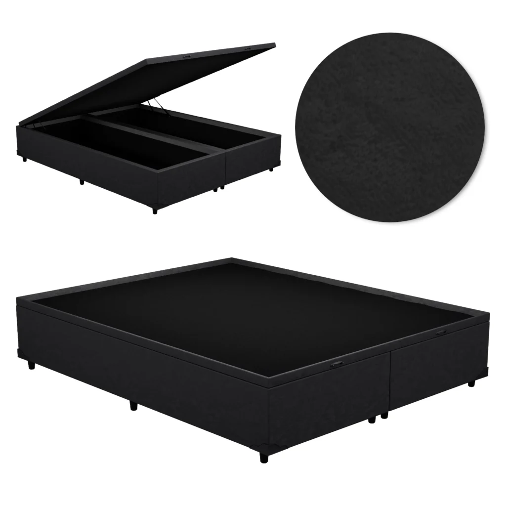 Base Baú Casal Bipartida Premium com Bordas 2x70x190x46 Suede Preto