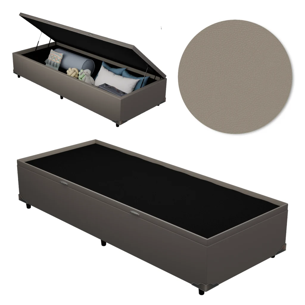 Base Baú Solteiro Premium com Bordas 90x190x46 Corino Bege