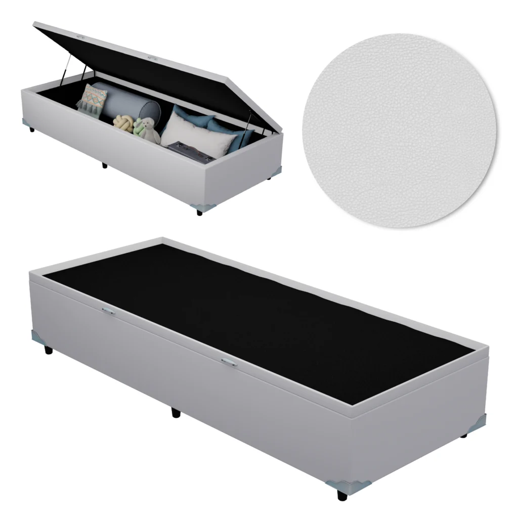 Base Baú Solteiro Premium com Bordas 90x190x46 Corino Branco