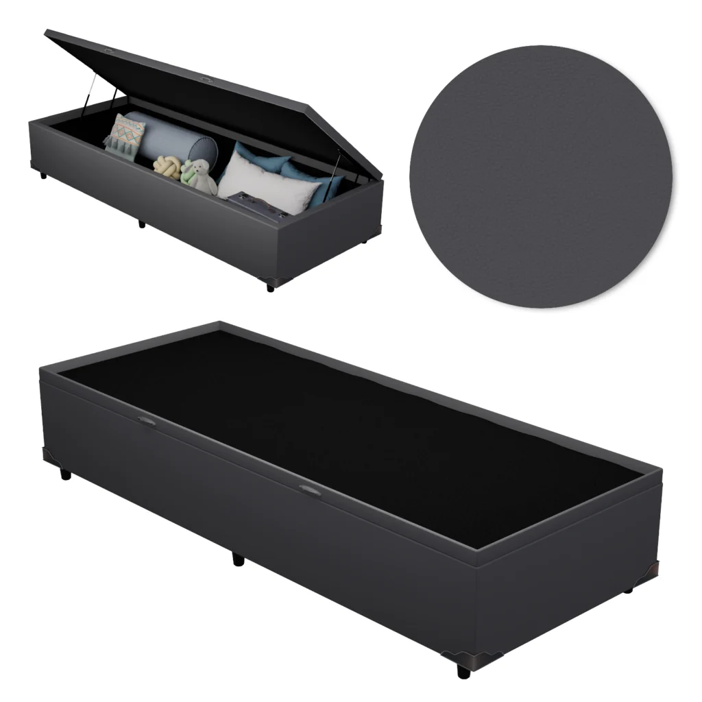 Base Baú Solteiro Premium com Bordas 90x190x46 Corino Cinza