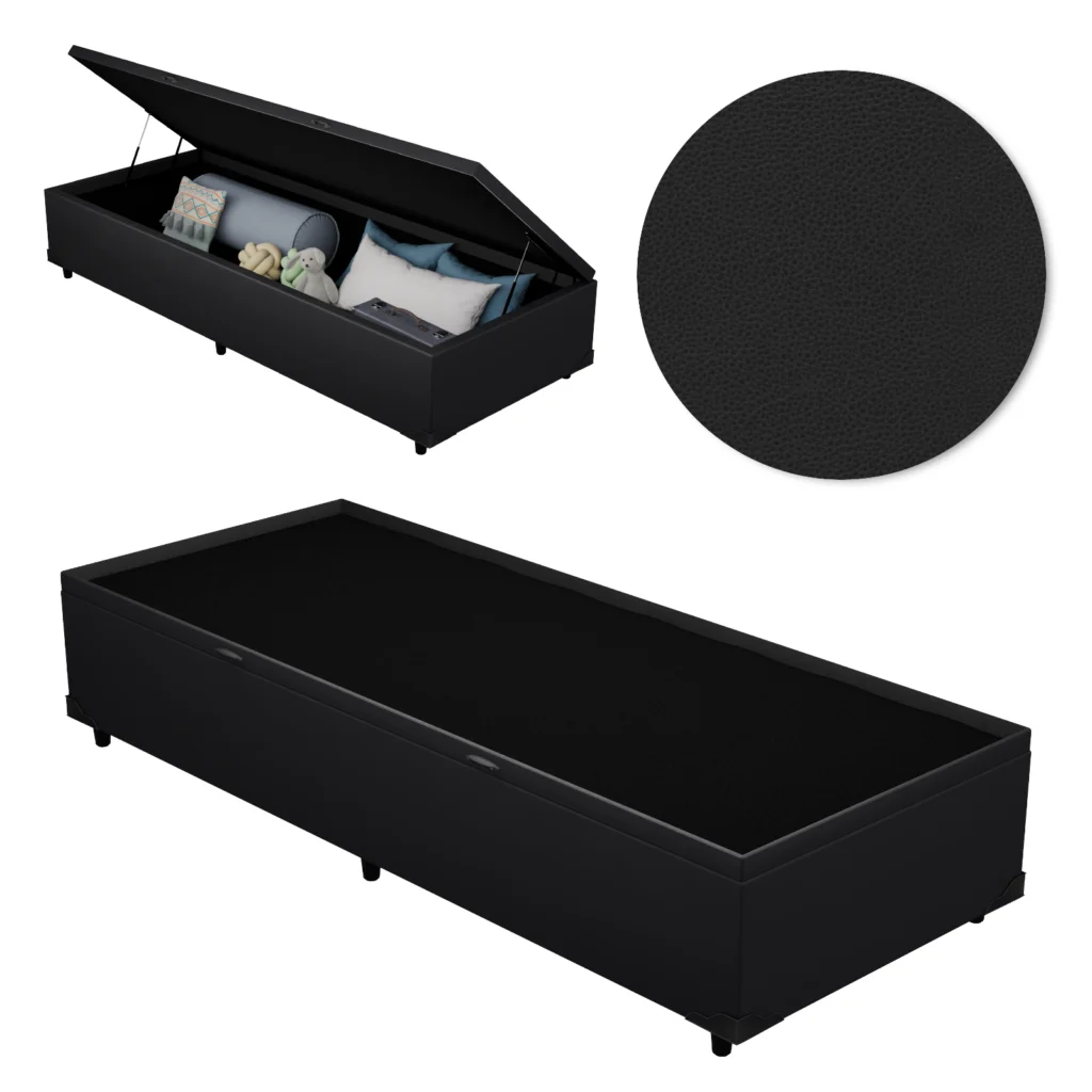 Base Baú Solteiro Premium com Bordas 90x190x46 Corino Preto
