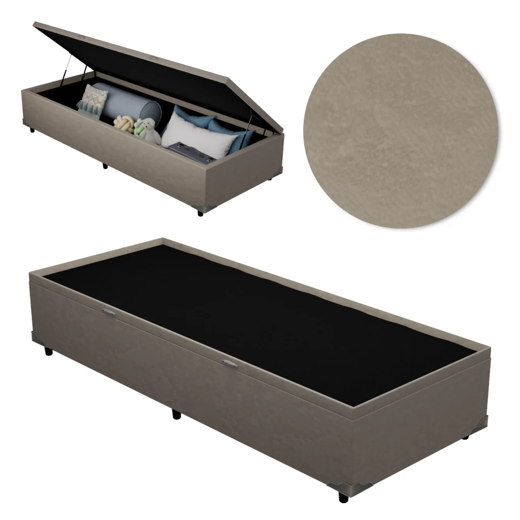 Base Baú Solteiro Premium com Bordas 90x190x46 Suede Bege