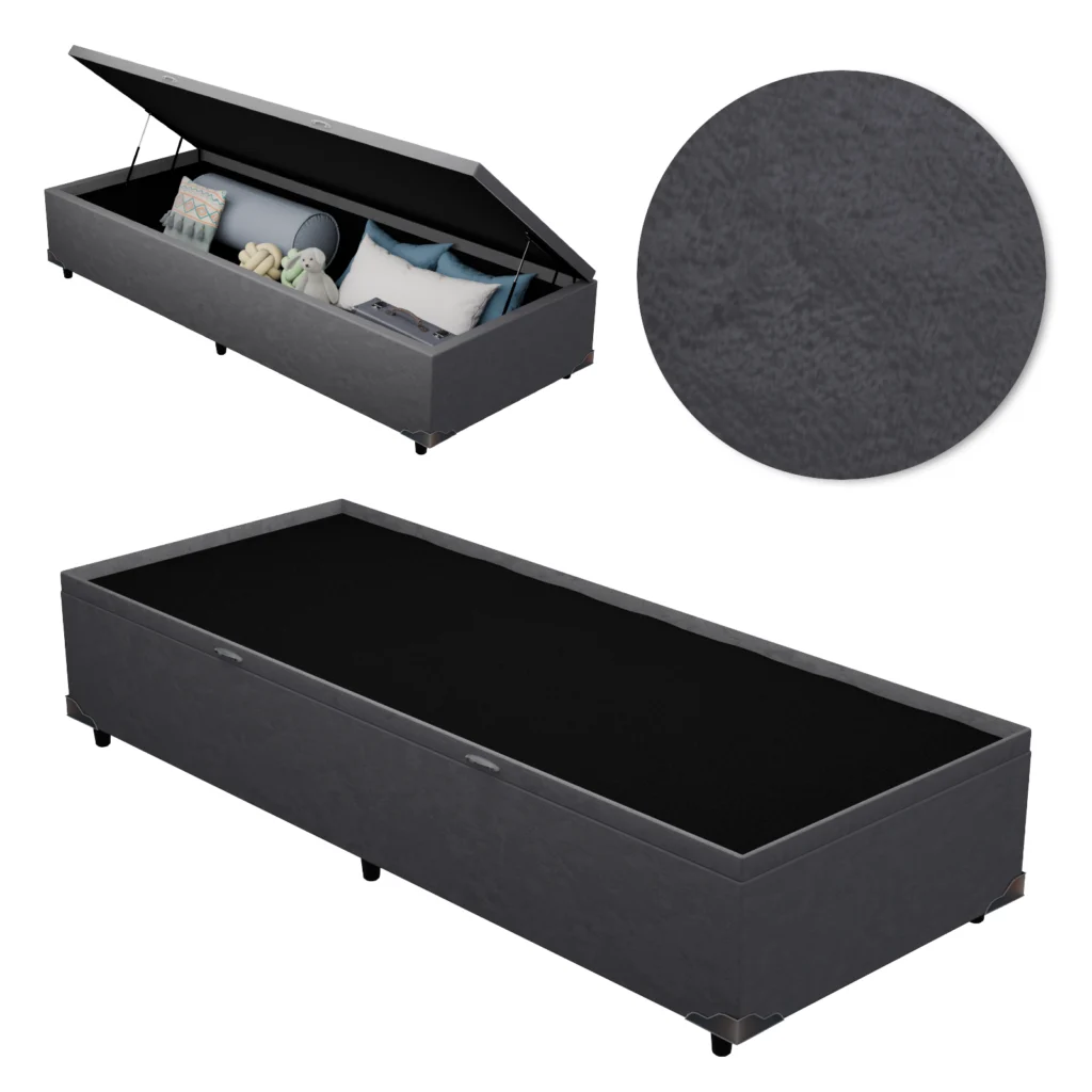 Base Baú Solteiro Premium com Bordas 90x190x46 Suede Cinza