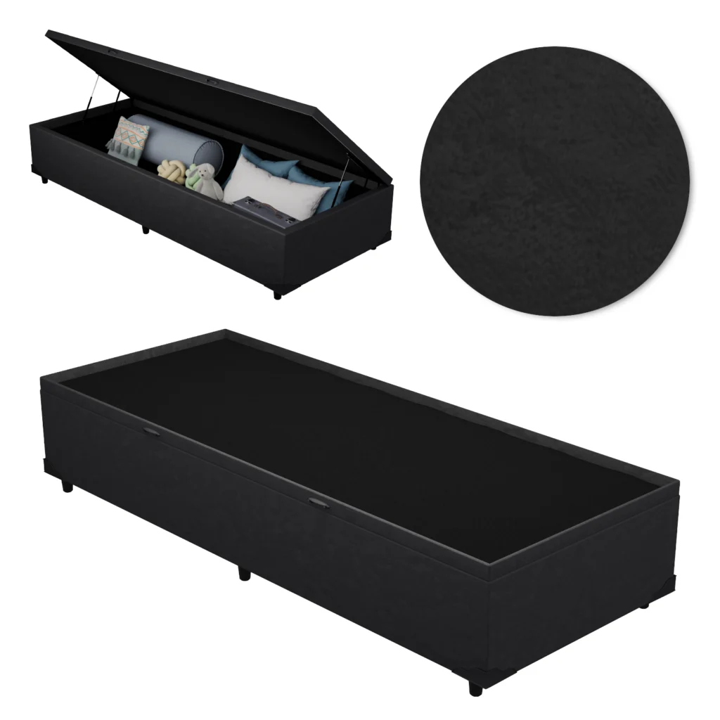 Base Baú Solteiro Premium com Bordas 90x190x46 Suede Preto