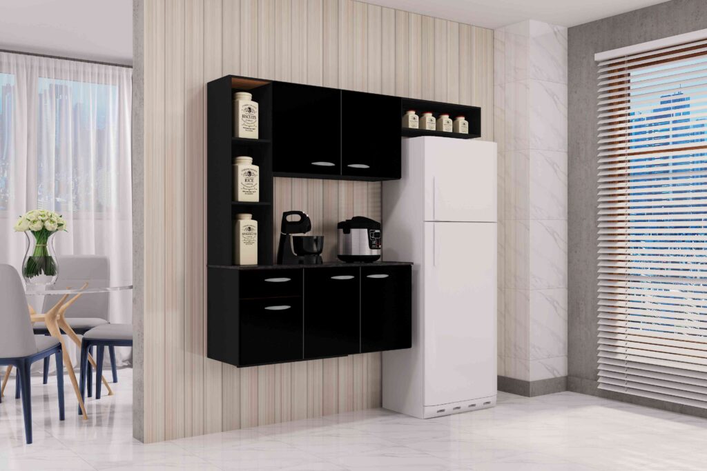 A521.Cozinha Suspensa com Balcao Isis 163 Preto.Preto Poquema