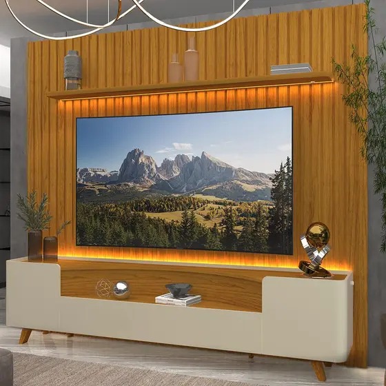 Conjunto Painel Nobre 230 Naturale com Rack Infinity 230 Pes Madeira Off White.Naturale Gelius