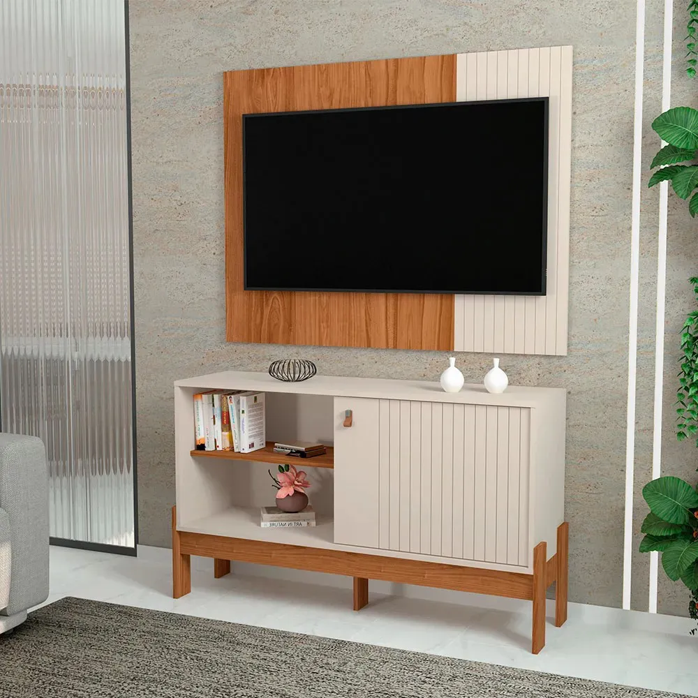Combo Wood 1.2 Rack e Painel Perola Metalizado.Cinamomo Mel Mobler