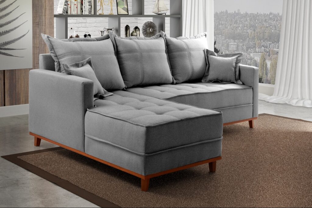 Conjunto Estofado Milao 230 Modulos 2Lgs mais Chaise Molas Ensacadas Linho Cinza 1008 Evidence