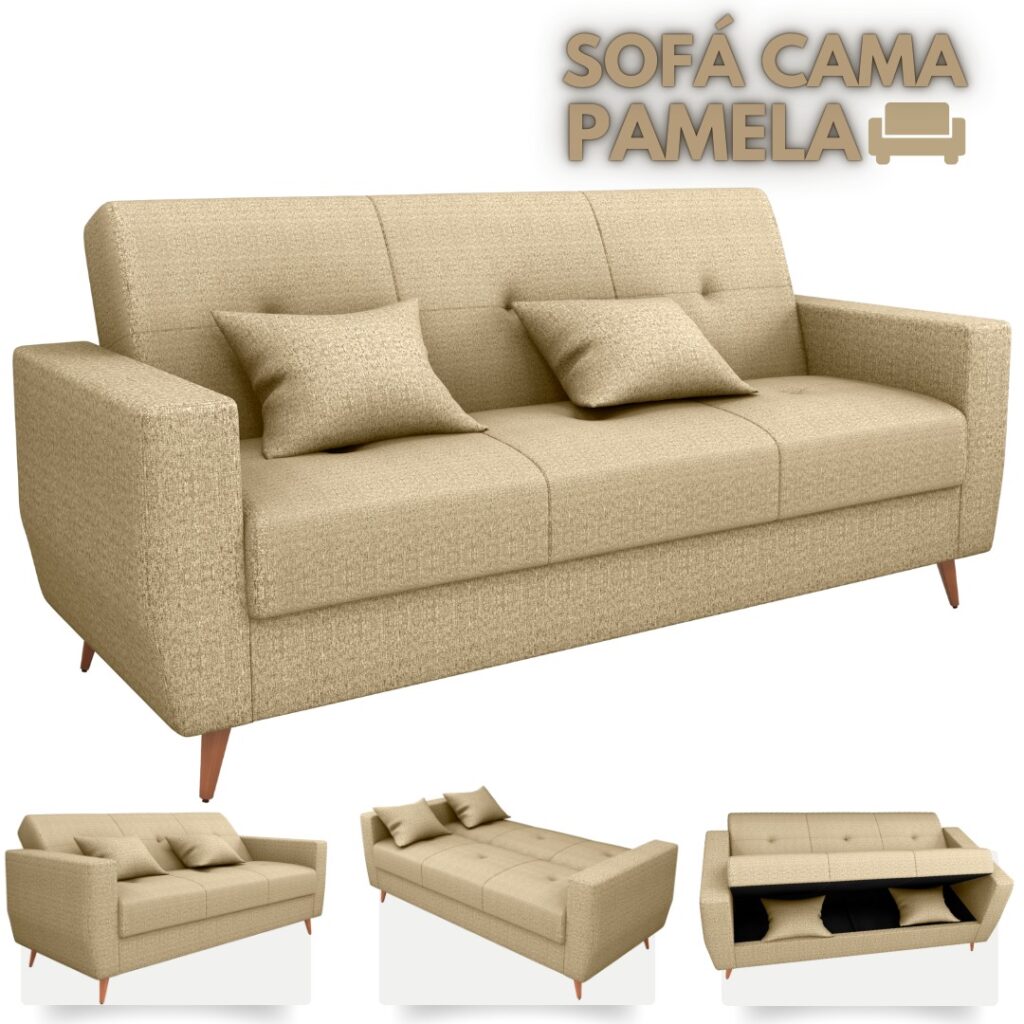 Sofa Cama com Bau MX Pamela 1 Estagio Linho Bege 488 Matrix
