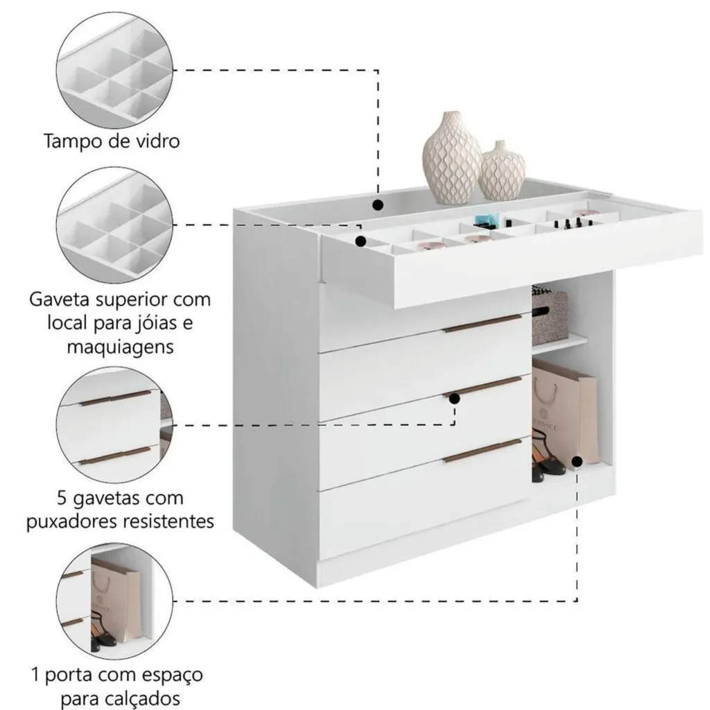 Cômoda Arv Sevilha 5 Gavetas 1 Porta Visualização Interna Aramóveis