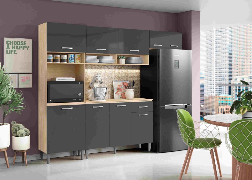 Cozinha Aurora com Balcao Atenas 9P1G Avena.Grafite Aramoveis