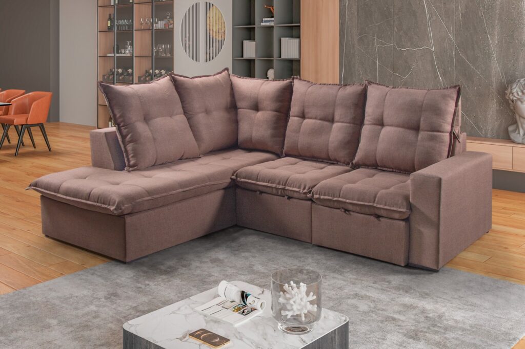 Estofado Retratil Reclinavel Canto Colatina 250 2×70 com Chaise 100 Linho Marrom Chocolate 17 Idealle