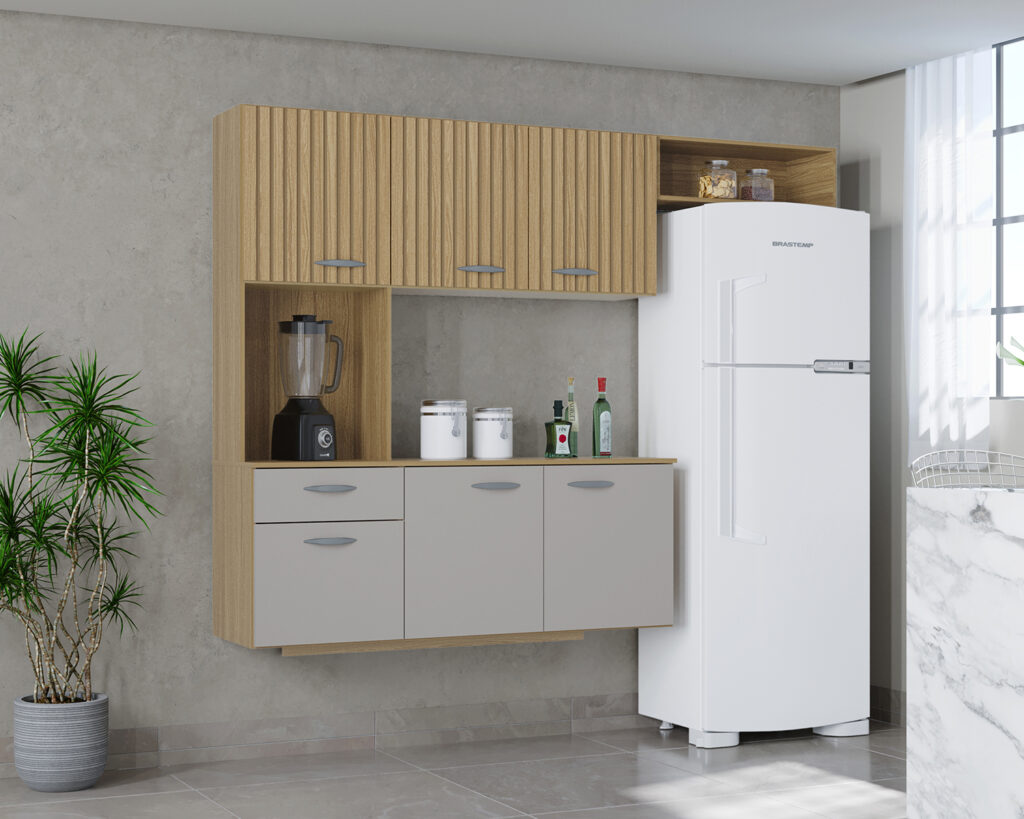 A551.Cozinha Suspensa com Balcao Isis 180 Damasco Ripado 3D.Off White Poquema