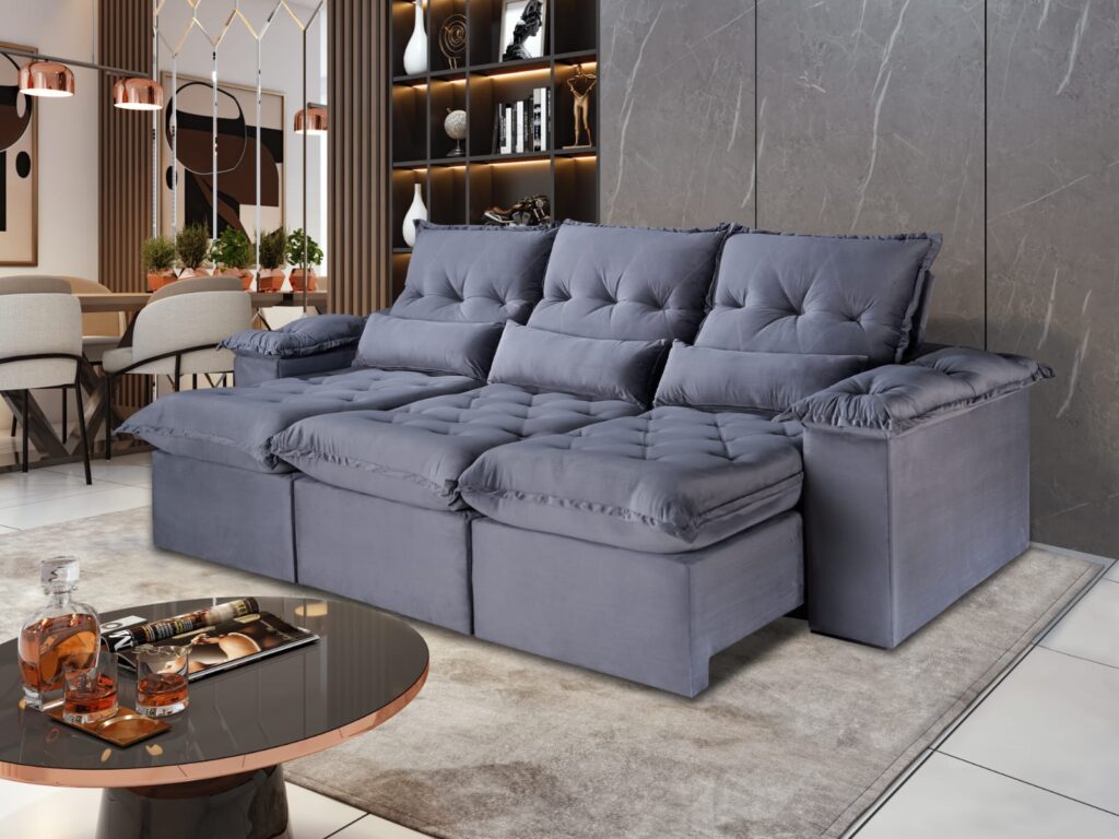 Estofado Retratil Reclinavel Ouro Preto 320 3×90 Veludo Inca Grafite 10 Idealle