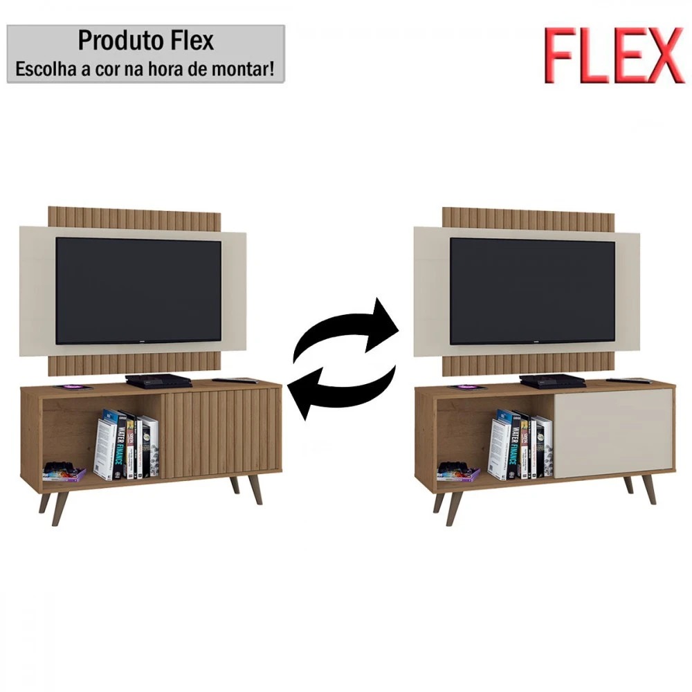 Rack com Painel Malaga 119 Canelato Rustico Efeito 3D.Canelato Natura Atualle Moveis