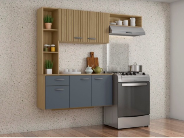 A521.Cozinha Suspensa com Balcao Isis 163 Damasco Ripado 3D.Cinza Poquema
