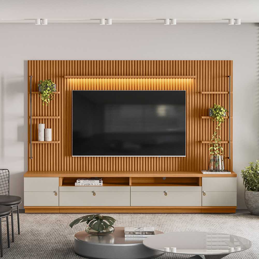 Visualizacao Conjunto Painel e Rack Ouro Preto mais 2 Modulos Laterais Dir.Esq Ouro Preto Nature.Off White Linea Brasil