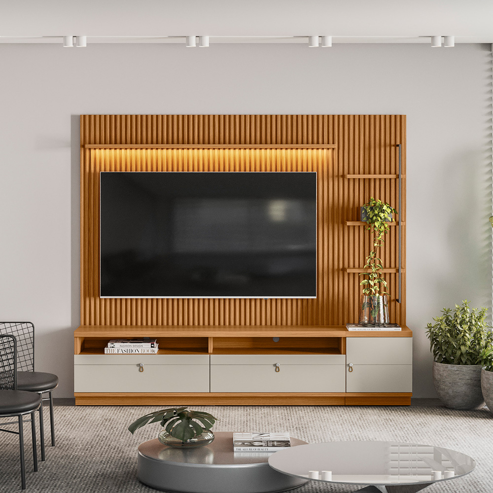 Visualizacao Conjunto Painel e Rack Ouro Preto mais Modulo Lateral Direito Ouro Preto Nature.Off White Linea Brasil