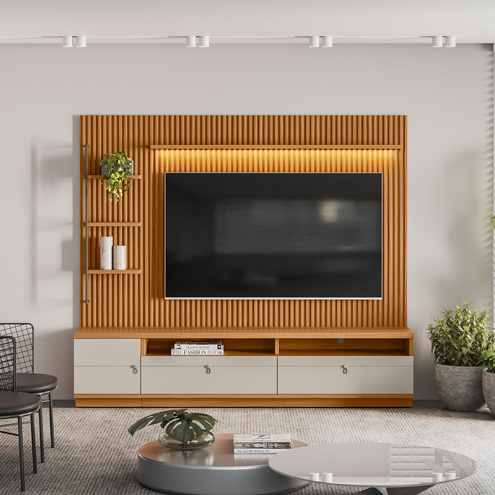 Visualizacao Conjunto Painel e Rack Ouro Preto mais Modulo Lateral Esquerdo Ouro Preto Nature.Off White Linea Brasil