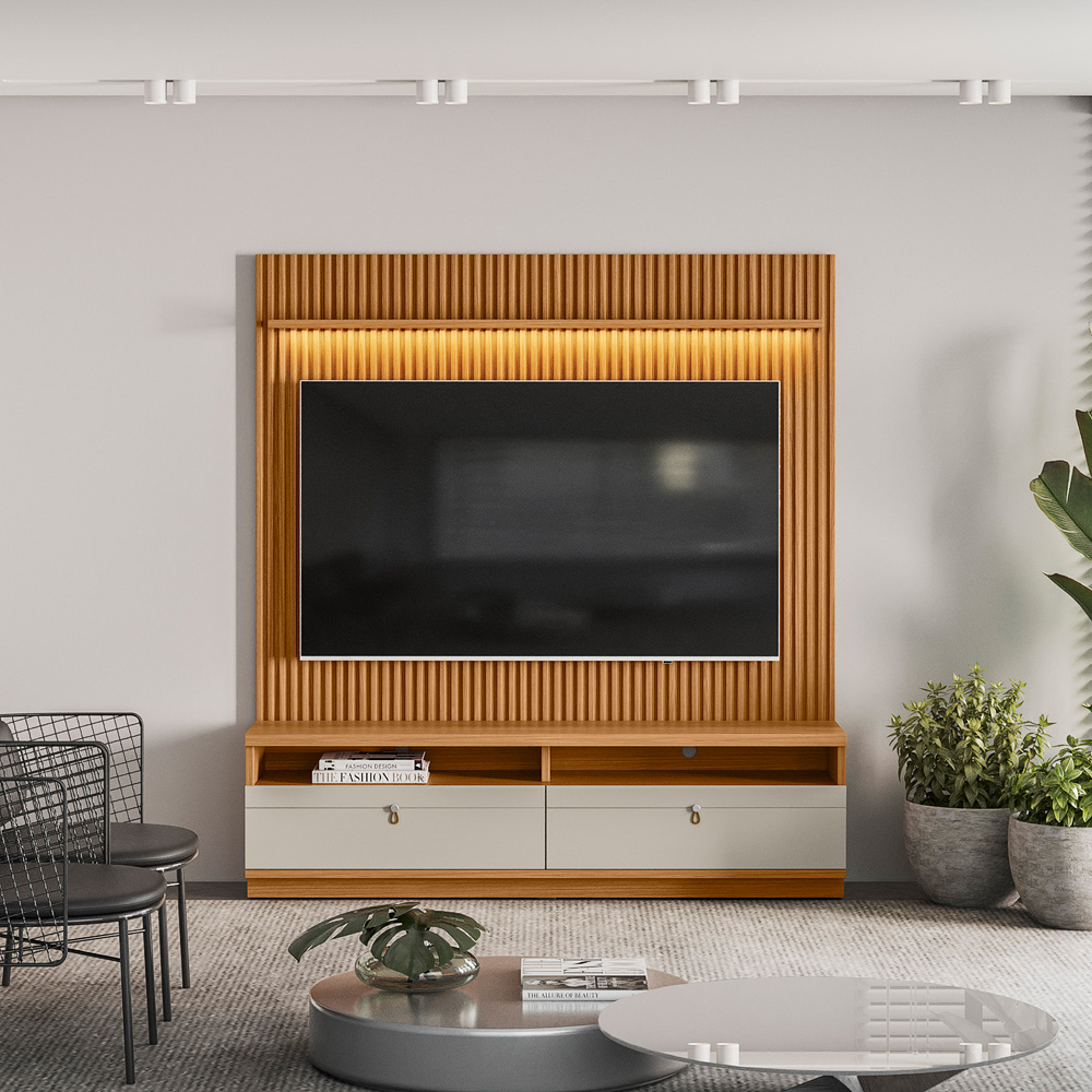 Conjunto Modular Rack mais Painel Ouro Preto 180 Nature.Off White Linea Brasil