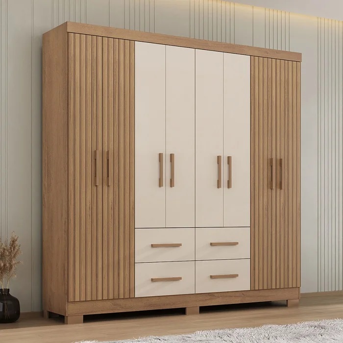 Roupeiro Itapema 8P4G com Pes Canela Rustico 3D.Canelato Natura.Off White Atualle Moveis