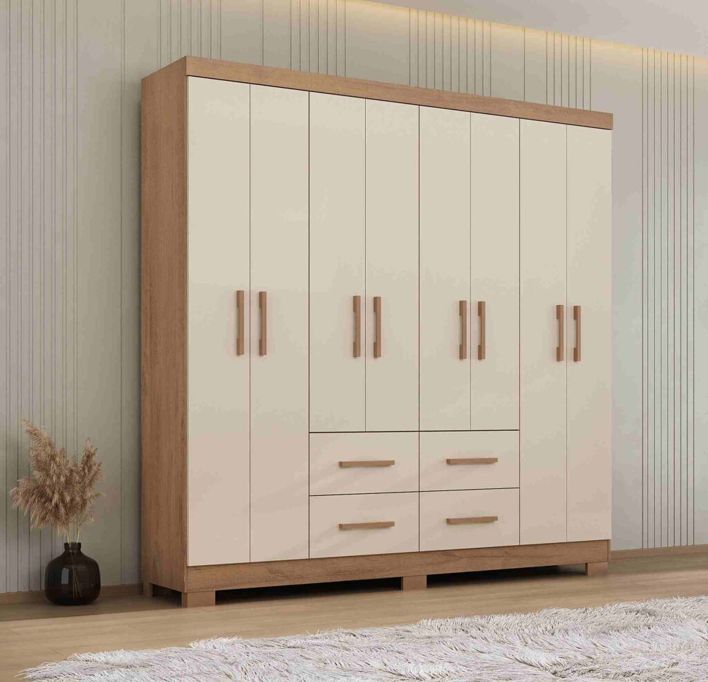 Roupeiro Itapema 8P2G com Pes e Espelhos Canela Rustico.Natura.Off White Atualle Moveis