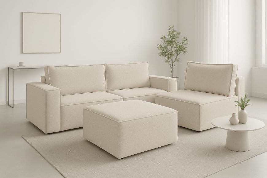 Estofado Domino 320 3×90 mais Braco 25 e Puff 90 Linho Cru Idealle