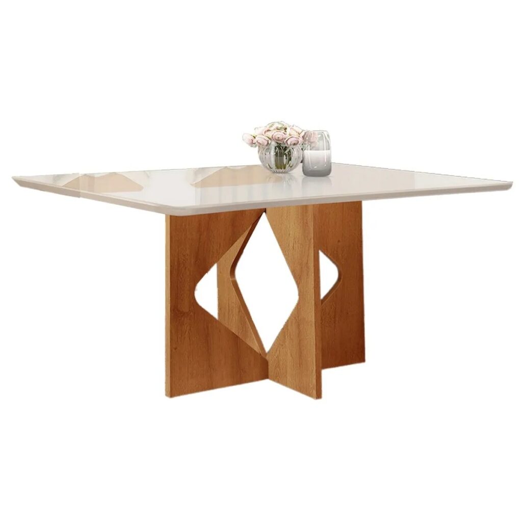 18810.Mesa Milao 120×80 Tampo Londres Plus Canto Copo com Vidro Serigrafado Cinamomo.Off White Cel Moveis