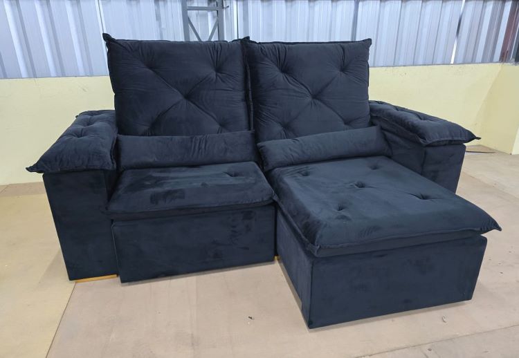 Estofado Retratil Reclinavel New 195 Veludo Suede Preto KM Decor