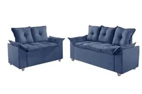 Conjunto Estofado Veneza Soft 2×3 Lugares Veludo Azul AL Moveis