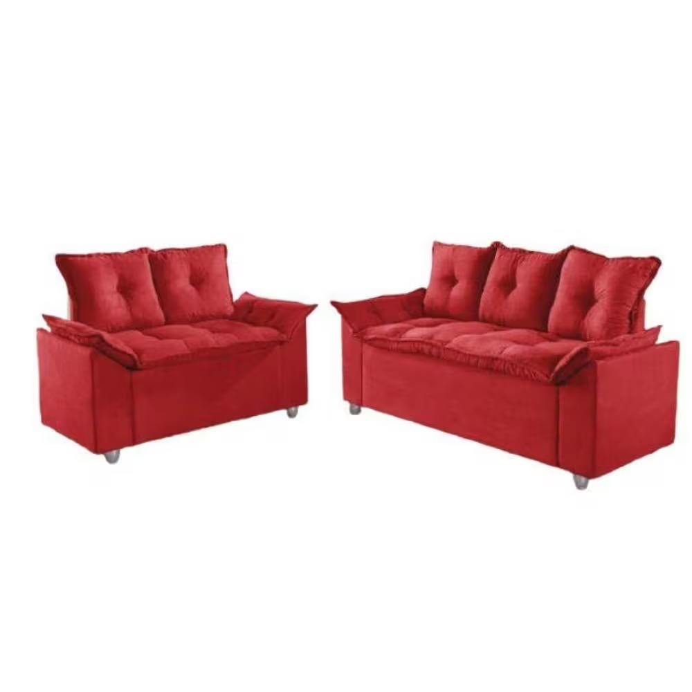 Conjunto Estofado Veneza Soft 2×3 Lugares Veludo Vermelho AL Moveis