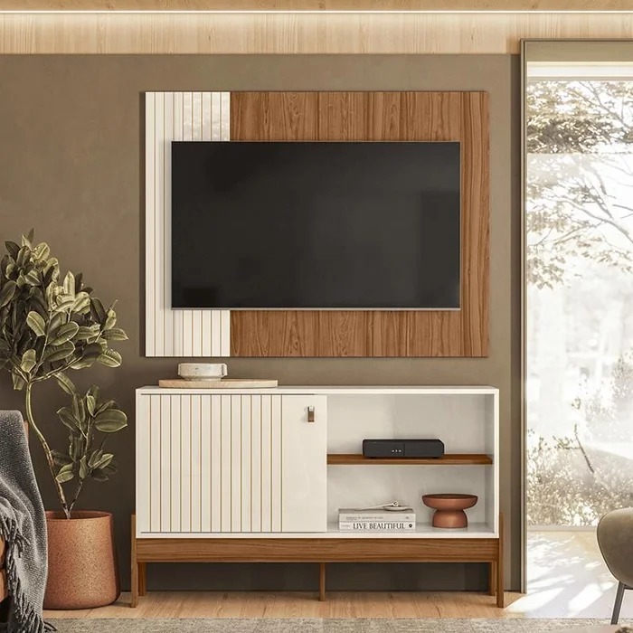 Combo Rack e Painel Wood 1.2 Perola Metalizado.Cinamomo Mel Mobler